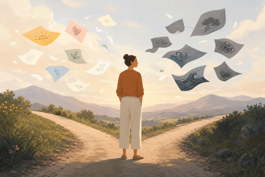Persona osserva i propri pensieri senza seguirli, in un’illustrazione ispirata ad ACT e mindfulness.